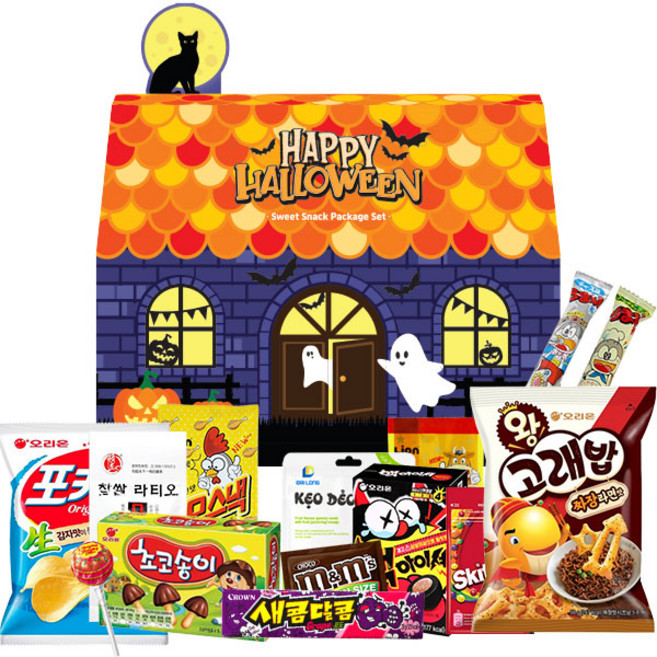 [간식대장]할로윈 과자선물세트 할로윈 간식패키지 "할로윈쿠키하우스" 14종포카칩 짜장고래밥 초코송이 네모스낵 오마이봉 새콤달콤 츄파춥스 까먹는 망고 젤리 핵아이셔 엠엔엠즈 스키틀즈, 1개, 할로윈 과자집 14종