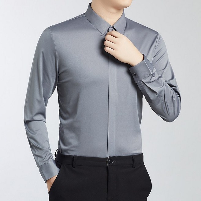 벨루미오 남성용 고탄력 구김없는 스판 셔츠 슬림핏 캐주얼 셔츠 긴팔 와이셔츠