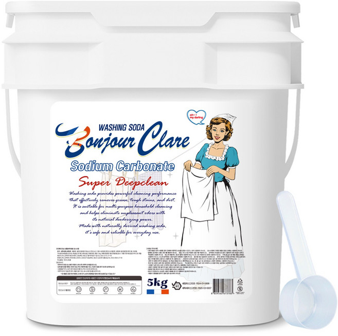 봉쥬르끌레어 워싱소다 5kg 버킷 탄산소다 100% 초강력세탁세제 1등급원료 탈취 표백제 찌든때 박살, 1개