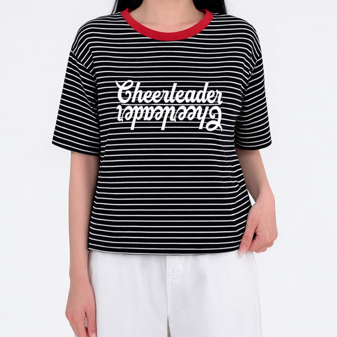 츕스 캐쥬얼 레터링 넥 배색 루즈핏 스트라이프 반팔 티셔츠