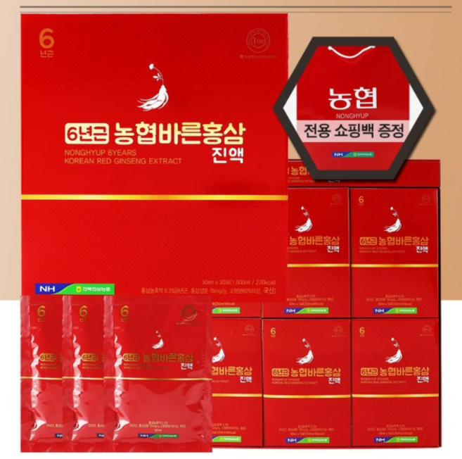 [정품 100%] 농.협 바.른홍.삼진액 30포+[선물용 쇼핑백] 6년근 진액 액기스 엑기스 발효 건강선물세트 부모님선물 할머니선물 남편선물 어버이날 선물 거래처선물 수험생선물, 30개, 1.5L