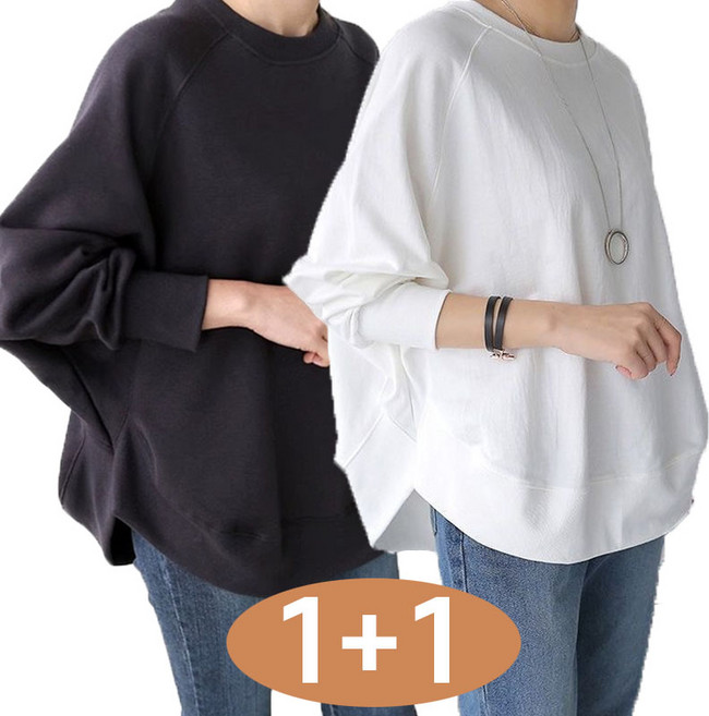 1+1 여성 무지 맨투맨 긴팔티셔츠 오버핏 봄가을 루즈핏 라운드넥 봄가을 데일리 티셔츠 심플 베이직 루즈핏 슬릿 디자인 이너 탑 아우터 빅사이즈