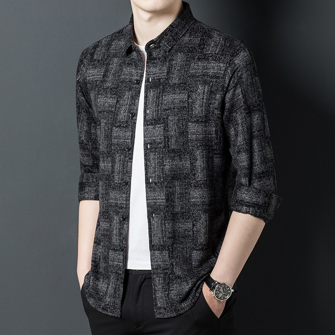 春秋季新款印花寬鬆男士襯衫中青年商務休閒6羊毛襯衣2026長袖男