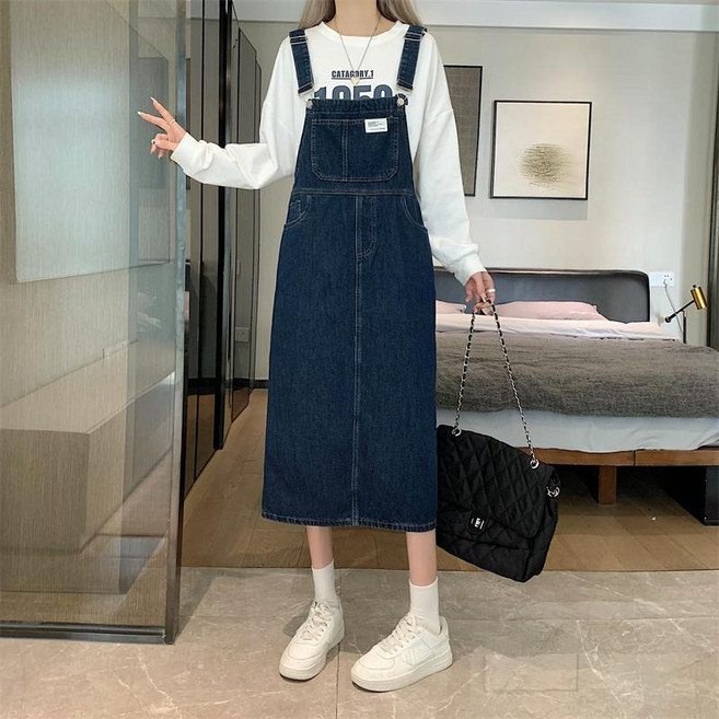 여성용 데님 멜빵 스커트 캐주얼 포켓 롱 트임 원피스