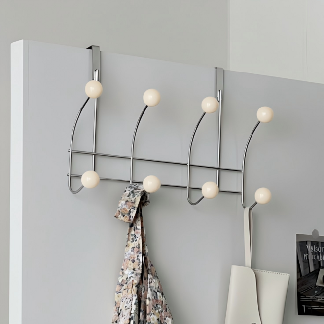 무타공 철제 8구 우드볼 도어 후크 문걸이 행거 도어훅, 1개, 크림화이트