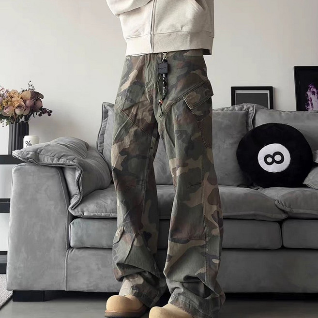 인어미남 남성 봄가을 카모플라쥬 슬림 스트레이트 힙합 데님 나팔 팬츠