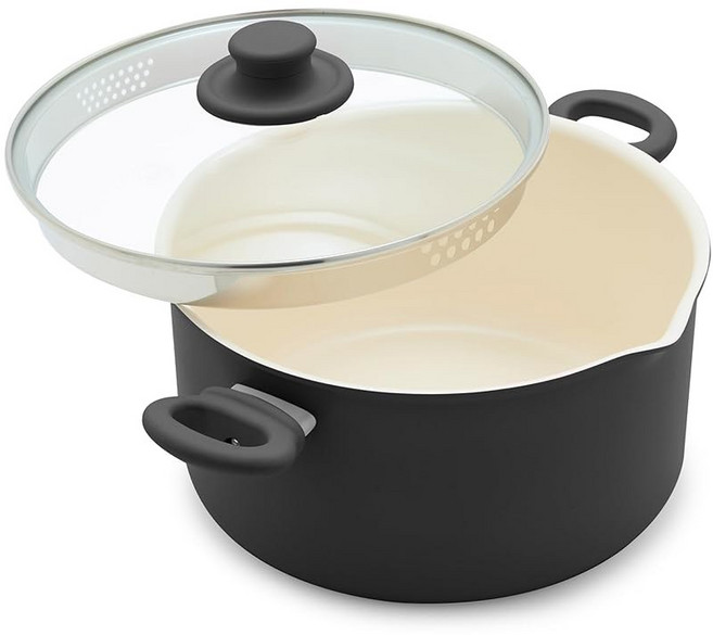 GR NLIFE 6QT 세라믹 논스틱 스톡팟 유리 스트레인 뚜껑 PFAS PFOA 프리, 6 Quarts, Bla, 1개