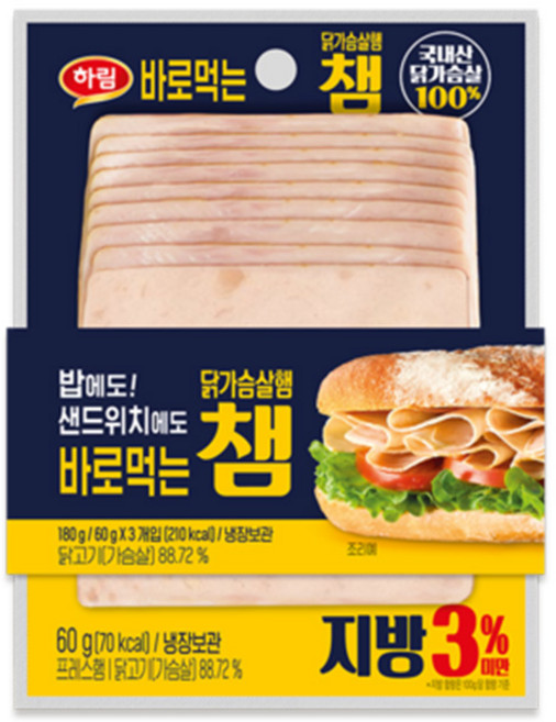 하림 닭가슴살 햄 바로먹는 챔 180g, 3개
