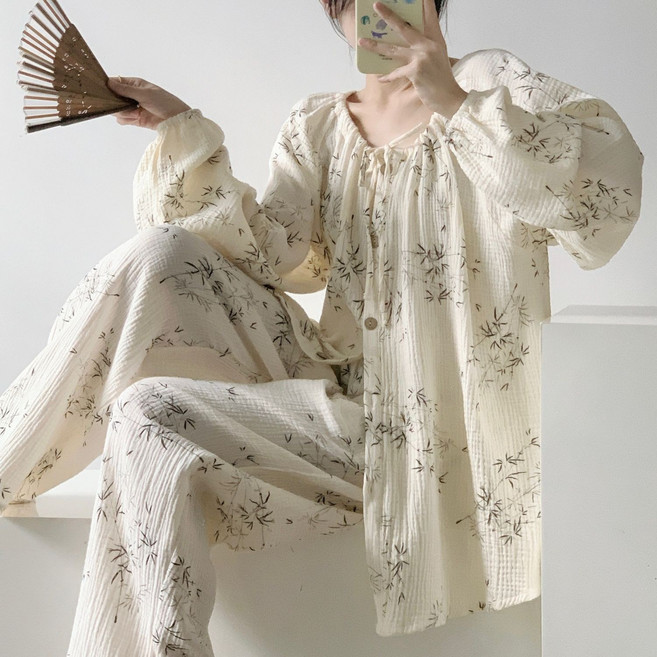 씨유언니 여성 춘추 꽃무늬 거즈면 파자마 세트 루즈핏 긴팔 홈웨어 잠옷 빅사이즈