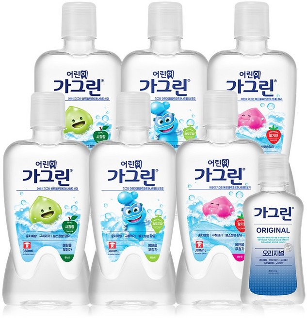 가그린 어린이용 혼합 380ml 6개 + 오리지널 100ml 구강청결제, 1세트, 2.38L