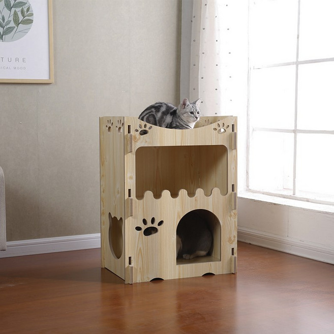 나무 고양이집 원목 2층 숨숨집 반려묘 조립식 놀이터 캣타워 반려동물 캣 대형 하우스, L, 1개, 원목 2층 정사각형