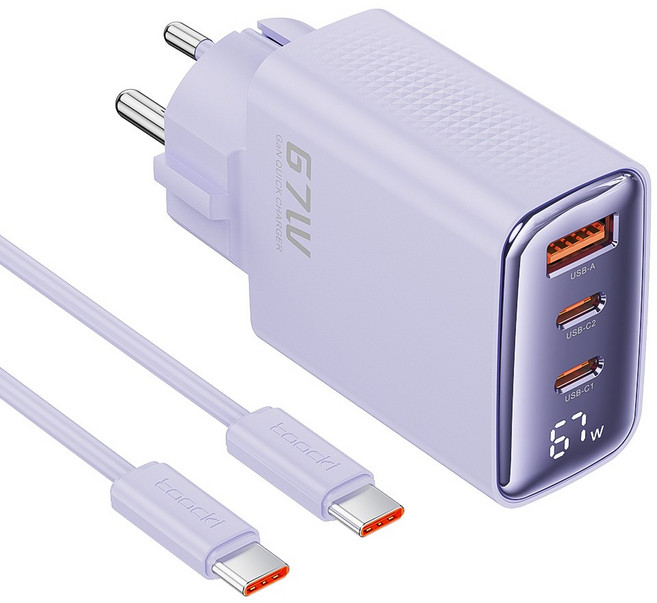 Toocki GaN PPS 67W 3포트 접지형 디스플레이 초고속 멀티충전기, 1세트, 퍼플