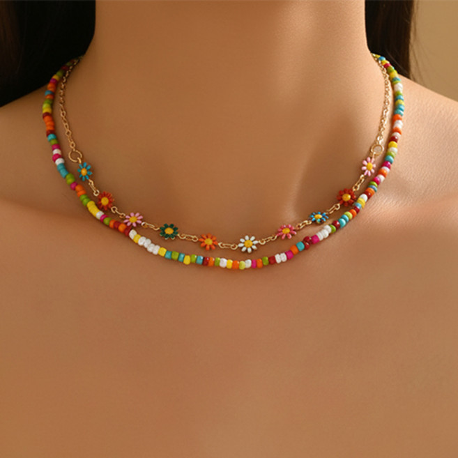 여성 Y2K 파스텔톤 키치 축제 무대 큐빅 비즈 꽃 레이어드 목걸이 A563