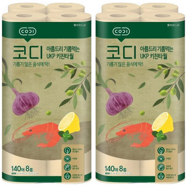 코디 아름드리 기름먹는 키친타월 140매 8롤x2팩, 2박스