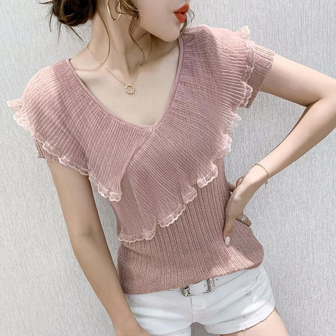 페이준 여성 여름 망사 브이넥 프릴 반팔 니트 얇은 슬림핏 반팔 댄스복 YJ2988