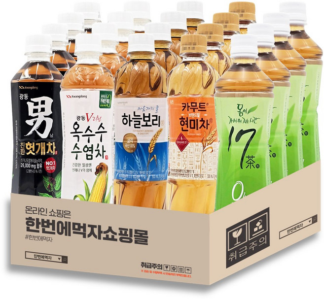[한번에먹자] 인기차음료 혼합세트 / 광동 헛개차 + 광동 옥수수수염차 + 웅진 하늘보리 + 웅진 카무트현미차 + 동화약품 보메차 / 각4개씩, 20개, 500ml