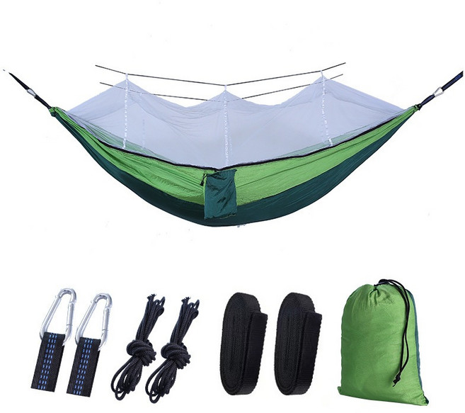 戶外露營 蚊帳吊床 250KG承重 尼龍吊床附蚊帳, 260*140CM（墨绿拼果绿）