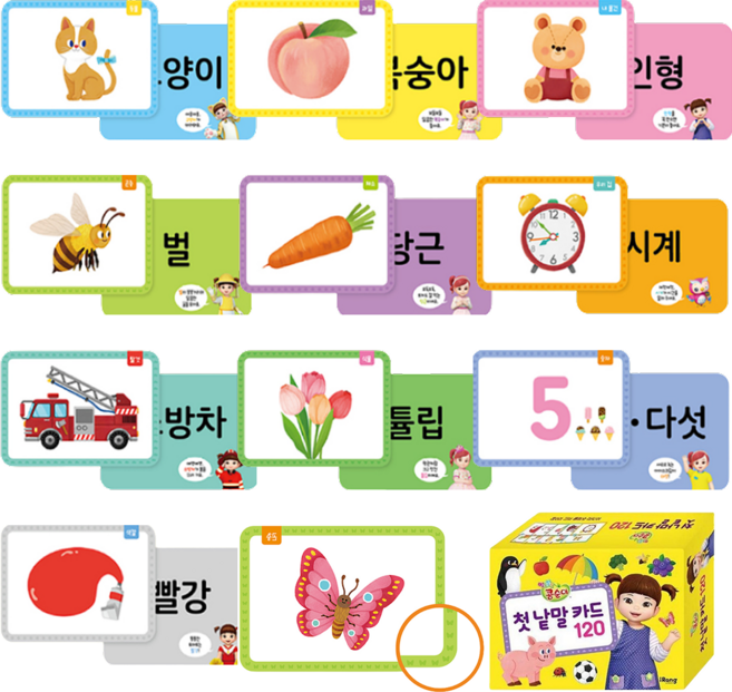 제이랜드 낱말카드 유아 아기 한글 낱말카드 그림 플래시카드 120장 한글공부 학습카드 돌아기, 1세트, 10종 필수단어