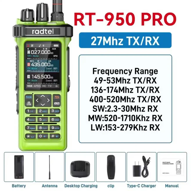 Radtel RT-950 PRO 그린 블루투스 GPS 가능 RGB 화면 주파수 FM/SSB+71cm 듀얼 밴드 86mhz 햄 핸드폰 앱, 01 미국인, 01 950 PRO