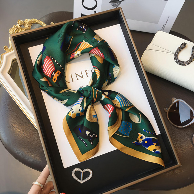 라라상점 고양이패턴 사각 쁘띠 실크소재 스카프 (3colors)