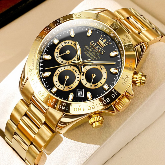 OLEVS 남성 시계 정품 자동 기계식 오토매틱 럭셔리 명품 워터프루프 야광 금색 다기능 메탈 남자시계