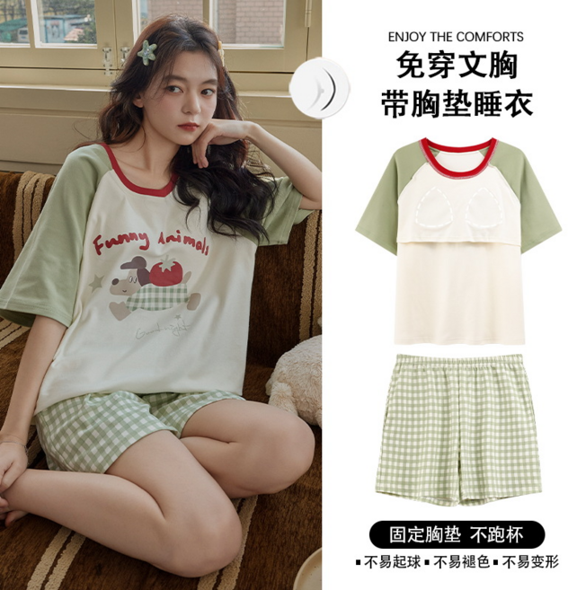帶胸墊睡衣女 夏季短袖短褲卡通棉質家居服套裝
