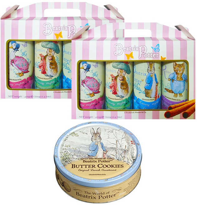 피터래빗 럭셔리 웨이퍼 롤 4입 선물세트400g 2세트+켈슨 덴마크 데니쉬 버터쿠키454g 1통 (2세트+1통) 유치원.학교 교회 기업 관공서 간식 선물, 1.254kg, 1세트