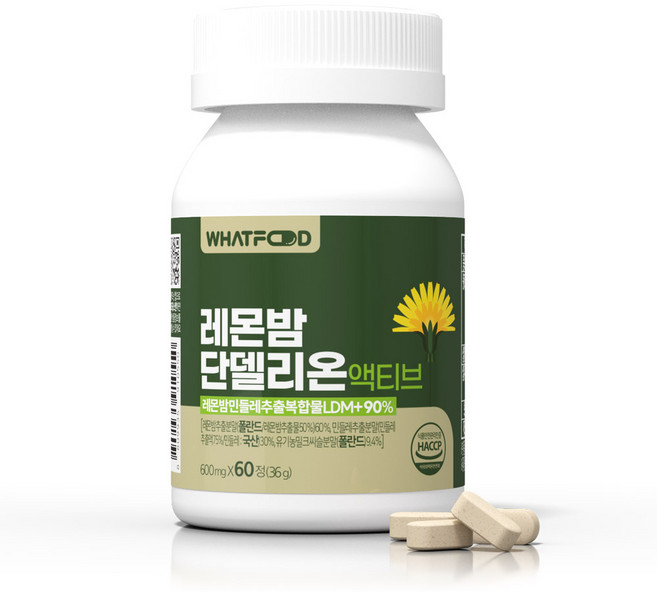 왓푸드 레몬밤 단델리온 액티브 (600mg) 민들레, 1개, 실속형(본품만), 60정