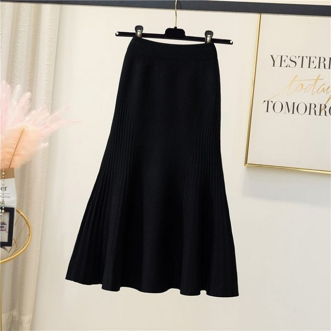 PEROLA 여성 머메이드 니트 스커트 부드러운 텐션감 가을 겨울 4컬러 하이웨스트 골지 미디 스커트