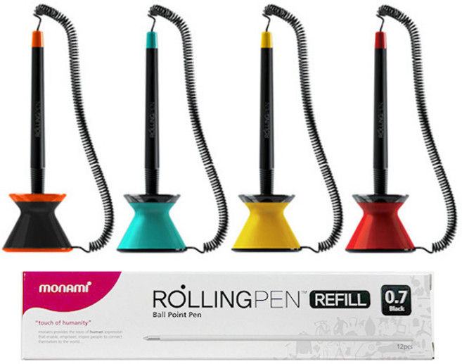모나미 테이블 스탠드 부착형 롤링펜 4개 (블랙 민트 옐로우 레드 각 1) + 롤링펜 리필심 1갑(12개입), 1세트