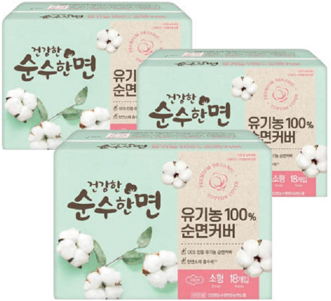 순수한면 건강한 생리대 날개형, 소형, 18개입, 3개
