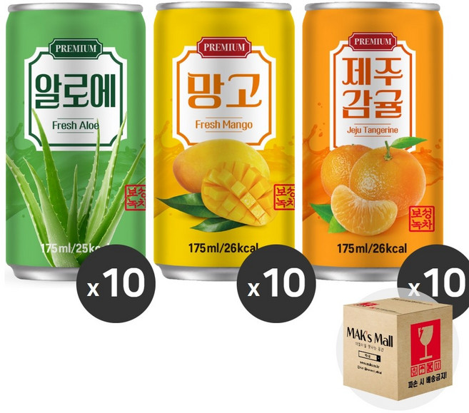 [막스] 혼합세트 190ml 30입(각10개씩) 미니 캔음료 음료수 캔사이다 캔콜라, 1세트, 21)프리미엄 알로에10 망고10 제주감귤10