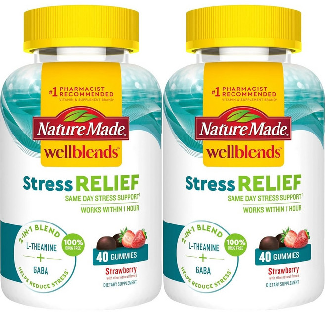 Nature Made 웰블렌즈 스트레스 릴리프 구미 젤리 스트로베리 플레이버 40개X2개, 2팩, 40정