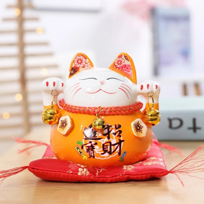 招財貓存錢筒 陶瓷擺件 開運居家裝飾 創意禮品, 1個, 招財進寶, 橘色