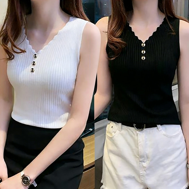 ROYALBELLE 2장묶음 여성 브이넥 슬림핏 골지 민소매 이너 니트 나시 티셔츠 K0020202