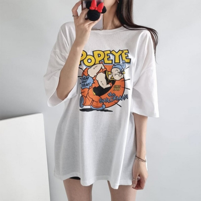 마이쏭 여성 빅사이즈 루즈핏 캐주얼 롱티 스트롱프린팅박스반팔티