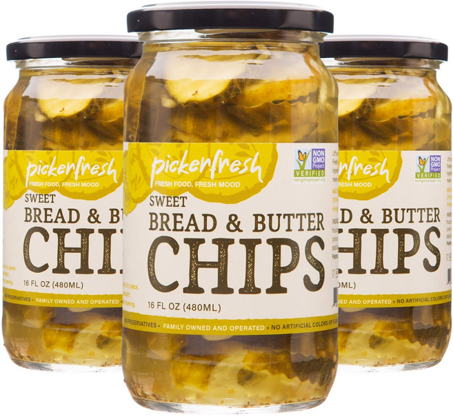 피커프레시 브레드 & 버터 칩 피클 - 달콤한 wringkl Pickerfresh Bread & Butter Sweet Crinkle Cut Chips Pickles 16 oz, 16 Fl Oz (3팩), 1개