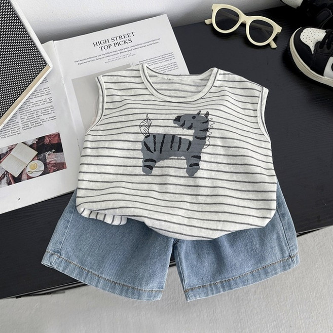 구빠방 아동 프린트 민소매 스트라이프 나시티 밴딩 데님 바지 세트 투피스