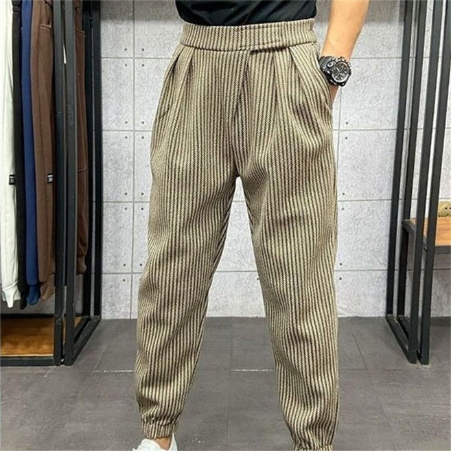 AOKADA 남성 봄 가을 캐주얼 스트라이프 조거 팬츠 핀턱 루즈핏 배기 팬츠