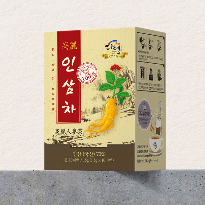 [본사직영] 다예 100% 국산 인삼차 개별포장 생분해 사각티백, 1개, 10개입, 1.5g