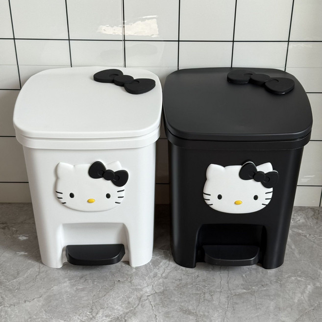 헬로키티 귀여운 캐릭터 발페달 휴지통 대용량 뚜껑형 디자인 인테리어용 쓰레기통 가정용 욕실 거실 침실용, 12L(24.5*24*30cm), 흰색+검정색(2개)