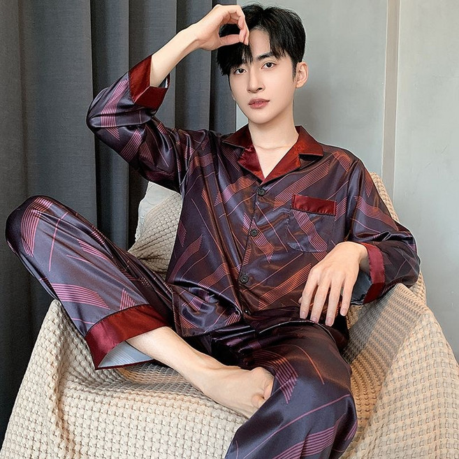 Skyciky 남성 봄가을 아이스실크 긴팔 긴바지 잠옷 홈웨어 EE813