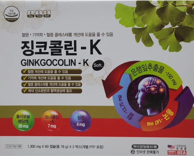 [비타민라이프] 징코콜린-K (1 300mg x 60캡슐 x 2박스 총120캡슐), 1개, 120정 - 쿠팡