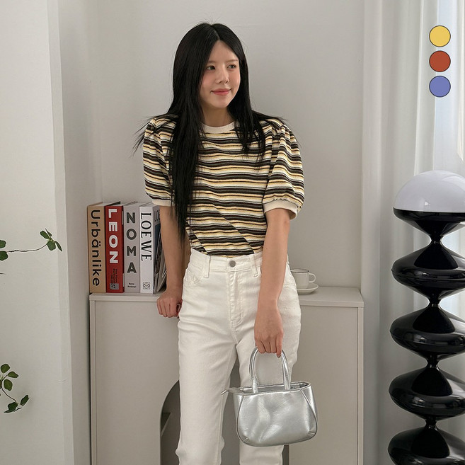 디테일웨어 여성 쟈가드 단가라 반팔티셔츠 셔링 숄더 퍼프니트 부드러운 여름니트 스트라이프 캐주얼 맨투맨 니트 반팔티