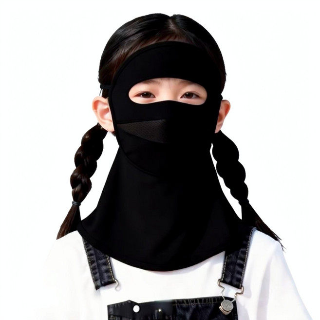 兒童全臉防曬面罩, 黑色兒童帶披款, 1個