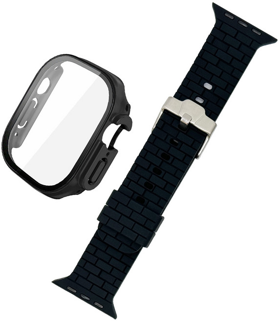 더조은셀러 애플 워치 호환 브릭 소프트 시계줄 스트랩 강화유리 케이스, 블랙