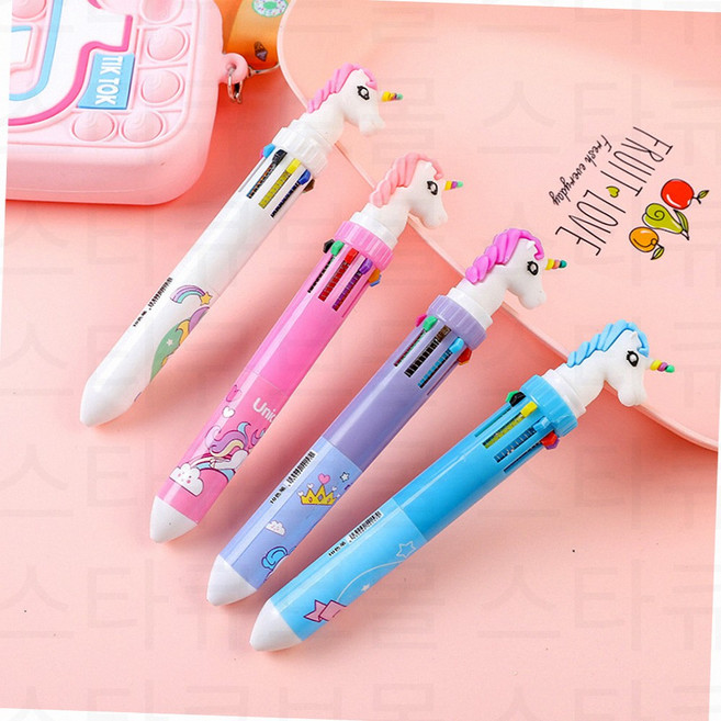 귀여운 피규어 인형 멀티펜 캐릭터 푸시펜 다용도 선물용 10색 볼펜, 유니콘헤드랜덤