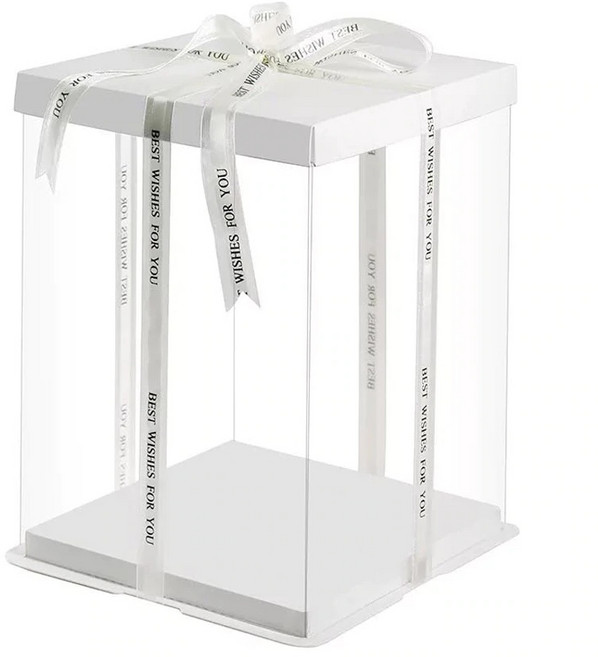 글로벌G&M 대형 사이즈 투명 케이크 상자 사각 받침포함 플라스틱 PET 3호 3단 4단 높은 웨딩 플라워 꽃 풍선 기프트 용돈 박스 리본포함, 38×38×55(리본)