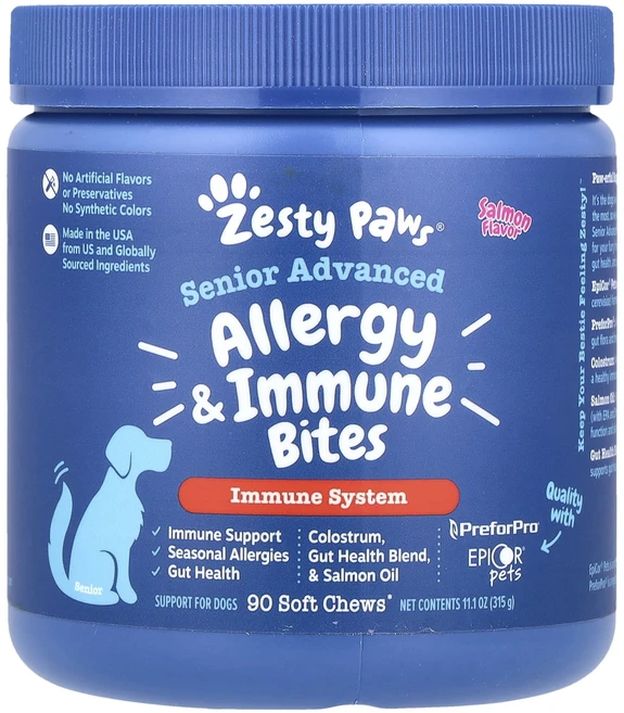 Zesty Paws 시니어 어드밴스드 알레르기 & 면역 바이츠 반려견용 연어 맛 소프트츄 90개 315g(11.1oz), 1개 - 쿠팡
