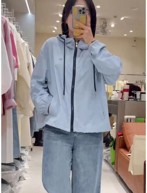 連帽衝鋒衣外套女 夏季新款寬鬆時尚百搭防曬上衣, 淺藍色, M